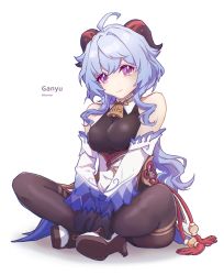 Rule 34 | 1girl, absurdres, ahoge, artist name, bare shoulders, bell, black pantyhose, blue hair, breasts, character name, chinese knot, detached sleeves, flower knot, full body, ganyu (genshin impact), genshin impact, gold trim, high heels, highres, horns, ibextor, light smile, long hair, looking at viewer, lotus position, medium breasts, neck bell, pantyhose, purple eyes, sidelocks, sitting, solo, tassel, thighlet, vision (genshin impact), white background, white sleeves