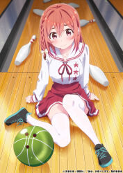 1girl ball blouse blush bowling_alley bowling_ball bowling_pin braid breasts closed_mouth commentary_request copyright_notice frown hair_between_eyes highres hirayama_kanna kanojo_okarishimasu key_visual knee_up long_sleeves looking_at_viewer medium_hair miniskirt neck_ribbon official_art on_floor pink_eyes pleated_skirt promotional_art red_hair red_ribbon red_skirt ribbon sailor_collar sakurasawa_sumi second-party_source shirt shoes sitting skirt sleeves_past_wrists sneakers solo thighhighs white_shirt white_thighhighs wooden_floor zettai_ryouiki