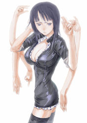 Rule 34 | 1girl, black hair, black thighhighs, breasts, cleavage, devil fruit, enies lobby, extra arms, female focus, fuyuno haruaki, hana hana no mi, hand on own head, large breasts, multi arm, multi limb, nico robin, one piece, pirate, simple background, solo, thighhighs, white background