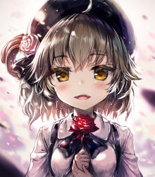 Rule 34 | 1girl, :d, ahoge, akabane (zebrasmise), beret, black bow, black hat, black ribbon, blush, bow, breasts, brown eyes, brown hair, collared shirt, fangs, flower, hair between eyes, hair flower, hair ornament, hair rings, hands up, hat, hatoba tsugu, highres, holding, holding flower, looking at viewer, medium breasts, open mouth, own hands together, red flower, red rose, ribbon, rose, shirt, smile, solo, suspenders, virtual youtuber, white flower, white rose, white shirt