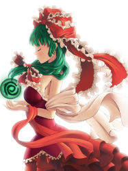 Rule 34 | 1girl, alternate costume, backlighting, bare shoulders, blush, bow, breasts, cowboy shot, dress, energy ball, closed eyes, frilled bow, frilled dress, frills, front ponytail, green hair, hair ribbon, kagiyama hina, layered dress, light, long hair, profile, red dress, revision, ribbon, serious, shawl, sidelocks, simple background, solo, strapless, strapless dress, touhou, white background, zxmpcf