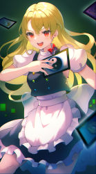 Rule 34 | 100th black market, 1girl, 60mai, apron, arm up, back bow, black skirt, black vest, blonde hair, blush, bow, breasts, buttons, card, card (medium), chain, commentary request, eyes visible through hair, fingernails, gradient background, green background, grey bow, hair between eyes, hand up, highres, holding, holding card, kirisame marisa, long hair, looking to the side, medium breasts, mini-hakkero, multicolored buttons, nail polish, no headwear, open mouth, orange nails, puffy short sleeves, puffy sleeves, red bow, red eyes, shirt, short sleeves, skirt, smile, solo, square, standing, teeth, test tube, tongue, touhou, v-shaped eyebrows, vest, white apron, white shirt, yin yang