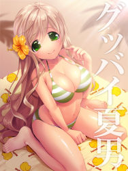 Rule 34 | 1girl, axis powers hetalia, bare legs, bare shoulders, barefoot, bikini, breasts, brown hair, cleavage, flower, from above, green eyes, hair flower, hair ornament, hibiscus, hungary (hetalia), keiko rin, large breasts, long hair, looking up, navel, shiny skin, sitting, smile, solo, strap gap, striped bikini, striped clothes, swimsuit, very long hair, wariza