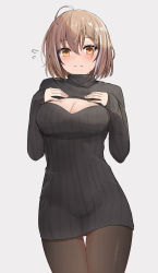 Rule 34 | ahoge, breast suppress, cleavage cutout, clothing cutout, dress, grey background, highres, hololive, hololive english, light brown eyes, light brown hair, looking at viewer, nanashi mumei, pantyhose, short hair, shuuzo3, simple background, sweatdrop, sweater, sweater dress, tagme, virtual youtuber
