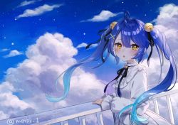 Rule 34 | 1girl, against railing, ahoge, amamiya kokoro, bell, black ribbon, blush, cloud, collared dress, commentary request, crying, dress, floating hair, gradient hair, hair bell, hair intakes, hair ornament, hair ribbon, meibi 1, multicolored hair, neck bell, neck ribbon, nijisanji, open mouth, railing, ribbon, sky, solo, twintails, twitter username, upper body, virtual youtuber, white dress, x hair ornament, yellow eyes