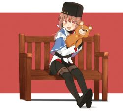 Rule 34 | 1girl, annin musou, bad id, bad twitter id, belt, bench, black belt, black bow, black footwear, black gloves, black hat, black skirt, blouse, blue shawl, boots, bow, brown eyes, brown hair, brown thighhighs, commentary request, fingerless gloves, full body, fur hat, gloves, hair bow, hat, jacket, kantai collection, long hair, low twintails, pantyhose, papakha, red background, red shirt, ribbon trim, scarf, shawl, shirt, sitting, skirt, smile, solo, stuffed animal, stuffed toy, tashkent (kancolle), teddy bear, thigh boots, thighhighs, torn clothes, torn scarf, twintails, two-tone background, untucked shirt, white jacket, white scarf