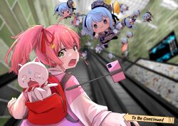 Rule 34 | 1girl, absurdres, animal, artist request, axe, backpack, bag, blue eyes, blue hair, blurry, blurry background, cat, cellphone, chibi, crying, doll, green eyes, hat, highres, holding, holding weapon, hololive, hoshimachi suisei, looking back, multiple others, nervous, phone, pink hair, ponytail, sakura miko, scared, selfie stick, stairs, tears, to be continued, virtual youtuber, weapon