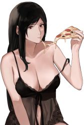 Rule 34 | 1girl, babydoll, bare shoulders, black hair, breasts, cleavage, collarbone, eating, female focus, final fantasy, final fantasy vii, food, highres, holding, holding food, italian senate porn livestream (meme), italian senate porn livestream (meme), j@ck, large breasts, lingerie, long hair, looking at viewer, meme, navel, negligee, pizza, red eyes, solo, square enix, swept bangs, tifa lockhart, underwear