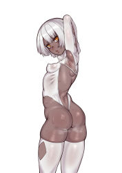 Rule 34 | 1girl, absurdres, arm behind head, armpits, ass, back, breasts, covered erect nipples, dark-skinned female, dark skin, ebonyxh, highres, leotard, looking at viewer, parted lips, punishing: gray raven, short hair, simple background, small breasts, solo, sophia (punishing: gray raven), sweat, thighhighs, white background, white hair, white thighhighs, yellow eyes