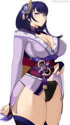 Rule 34 | 1girl, absurdres, arm behind back, black panties, braid, breasts, bridal gauntlets, cleavage, closed mouth, clothes lift, commentary, english commentary, flower, genshin impact, hair ornament, highres, hioyami, japanese clothes, kimono, large breasts, long hair, long sleeves, looking at viewer, mole, mole under eye, panties, patreon username, purple eyes, purple flower, purple hair, raiden shogun, ribbon, sash, simple background, skirt, skirt lift, solo, tassel, thighhighs, underwear, vision (genshin impact), white background
