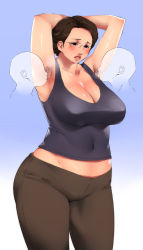 Rule 34 | 1girl, 2boys, armpit hair, licking armpit, armpits, blush, breasts, cleavage, ganto, glasses, gradient background, large breasts, licking, mature female, multiple boys, plump, short hair, thick thighs, thighs