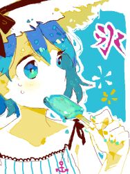 Rule 34 | 1girl, alternate costume, alternate headwear, anchor print, aqua nails, armpit crease, bare shoulders, black ribbon, blue background, blue eyes, blue hair, border, cirno, close-up, collarbone, dappled sunlight, eating, fang, food, hair between eyes, hand up, hat, hat ribbon, holding, holding food, holding popsicle, hot, jaggy lines, looking to the side, melting, multicolored eyes, nail polish, oekaki, oimo (14sainobba), outline, popsicle, ribbon, rounded corners, shade, short hair, skin fang, solo, straw hat, striped, summer, sun hat, sunlight, sweat, tegaki, touhou, upper body, vertical stripes, white border, white outline