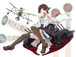 Rule 34 | 10s, 2girls, aircraft, airplane, bad id, bad pixiv id, bare shoulders, battasarada, biplane, blue eyes, boots, brown hair, cannon, detached sleeves, equipment screen, fairy, fairy (kancolle), flipped hair, hairband, headgear, hiei (kancolle), japanese clothes, kantai collection, mitsubishi f1m, multiple girls, nontraditional miko, plaid, remodel (kantai collection), seaplane, short hair, simple background, skirt, smile, striped, striped background, thigh boots, thighhighs, turret, type 0 observation seaplane