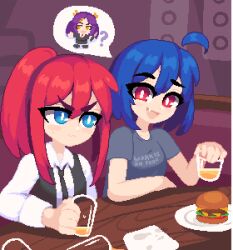 Rule 34 | 2girls, :d, ?, ahoge, alpha transparency, arm on table, arm support, bar (place), bare arms, black necktie, black vest, blue eyes, blue hair, blythe (hcnone), bob cut, borrowed character, burger, closed mouth, clothes writing, collarbone, collared shirt, commentary, counter, cup, detached ahoge, drinking glass, english commentary, english text, eyes visible through hair, facing viewer, fang, floor, food, hair between eyes, hana (hcnone), hand up, holding, holding cup, indoors, light blush, looking at another, medium hair, minimilieu, multiple girls, necktie, open clothes, open mouth, open vest, original, pixel art, plate, ponytail, purple background, red eyes, red hair, shirt, short sleeves, sidelocks, skye (hcnone), sleeves past elbows, smile, spoken character, spoken question mark, sweatdrop, t-shirt, thick eyebrows, tongue, upper body, v-shaped eyebrows, vest, wall, wavy mouth, white shirt, wing collar