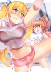 Rule 34 | 10s, 2girls, balancing, blonde hair, breasts, breath, brown hair, character request, clenched teeth, covered erect nipples, fiodo, green eyes, hair ribbon, hayakawa kokona, highres, idol memories, impossible clothes, large breasts, leg lift, lin vivi, long hair, midriff, multiple girls, navel, open mouth, ponytail, practicing, ribbon, short shorts, shorts, smile, sweat, tears, teeth, trembling, twintails