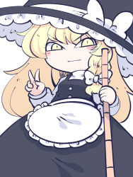 Rule 34 | 1girl, apron, black hat, black skirt, black vest, blonde hair, blush stickers, bow, chahan (fried rice0614), closed mouth, hat, hat bow, highres, holding, kirisame marisa, long hair, one-hour drawing challenge, shirt, short sleeves, simple background, skirt, smile, solo, touhou, vest, waist apron, white apron, white background, white bow, white shirt, witch hat, yellow eyes