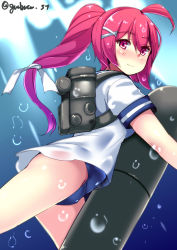 Rule 34 | 1girl, air bubble, backpack, bag, blue one-piece swimsuit, blush, breasts, bubble, cowboy shot, day, diving, hair between eyes, hair ornament, hair ribbon, i-168 (kancolle), kantai collection, long hair, looking at viewer, machinery, ocean, one-piece swimsuit, pink eyes, ponytail, red hair, ribbon, rigging, school swimsuit, school uniform, serafuku, short sleeves, small breasts, solo, submerged, sunlight, swimming, swimsuit, swimsuit under clothes, tirasi (so), torpedo, twitter username, underwater, white ribbon