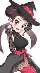 Rule 34 | 1girl, absurdres, alternate costume, armpit crease, black dress, blush, breasts, brown hair, commentary request, creatures (company), dot nose, dress, earrings, game freak, gonzarez, hat, highres, jewelry, large breasts, long hair, looking at viewer, nintendo, open mouth, pants, pokemon, pokemon masters ex, red eyes, red pants, red ribbon, ribbon, roxanne (fall 2023) (pokemon), roxanne (pokemon), simple background, solo, twintails, white background, witch hat