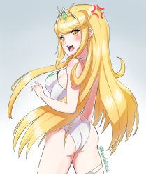 Rule 34 | 1girl, angry, ass, blonde hair, blush, breasts, cleavage, cleavage cutout, clothing cutout, earrings, gem, gloves, grimmelsdathird, headpiece, highres, jewelry, large breasts, long hair, looking at viewer, mythra (radiant beach) (xenoblade), mythra (xenoblade), nintendo, one-piece swimsuit, open mouth, simple background, solo, swept bangs, swimsuit, thigh strap, tiara, xenoblade chronicles (series), xenoblade chronicles 2, yellow eyes