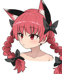 Rule 34 | 1girl, animal ears, blush, bow, braid, cat ears, chups, closed mouth, collarbone, extra ears, hair bow, highres, kaenbyou rin, long hair, portrait, red eyes, red hair, simple background, solo, touhou, twin braids, upper body, white background