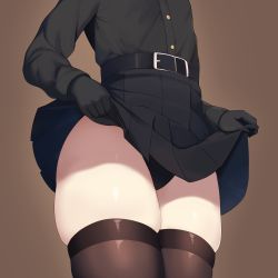 Rule 34 | 1girl, belt, black gloves, black panties, black shirt, black skirt, black thighhighs, brown background, buttons, clothes lift, gloves, head out of frame, highres, lifting own clothes, long hair, mikoscrub, original, panties, pleated skirt, shirt, simple background, skindentation, skirt, skirt lift, solo, thighhighs, thighs, underwear
