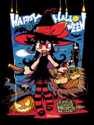 Rule 34 | 3girls, :d, absurdres, bare shoulders, basket, bat (animal), black choker, black dress, black hair, black headwear, bow, broom, candle, candy, candy cane, choker, dress, english text, fangs, food, full moon, halloween, happy halloween, hat, hat bow, highres, holding, holding basket, holding broom, jack-o&#039;-lantern, jack-o&#039;-lantern (rariatto), looking at viewer, monster girl, moon, multicolored hair, multiple girls, noss (rariatto), open mouth, original, pantyhose, pigeon-toed, plant girl, pointy ears, pumpkin, rariatto (ganguri), red eyes, red legwear, skull, skull in moon, smile, solo focus, standing, streaked hair, striped clothes, striped legwear, striped pantyhose, trick or treat, vampire bat, witch, witch hat, wristband, zakuro (rariatto)