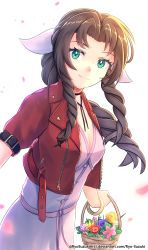 Rule 34 | 1girl, absurdres, aerith gainsborough, artist name, bangle, basket, bracelet, braid, braided ponytail, breasts, brown hair, choker, cleavage, closed mouth, commentary, cowboy shot, cropped jacket, deviantart username, dress, falling petals, final fantasy, final fantasy vii, final fantasy vii remake, flower basket, green eyes, hair ribbon, highres, holding, holding basket, jacket, jewelry, long hair, looking at viewer, medium breasts, parted bangs, petals, pink dress, pink ribbon, red jacket, ribbon, ryo-suzuki, short sleeves, sidelocks, smile, solo, twitter username, watermark, web address, white background