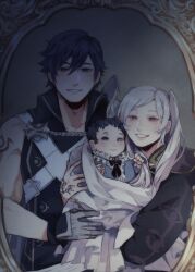 1boy 2girls aged_down armor baby black_robe blue_eyes blue_hair bright_pupils brown_eyes chrom_(fire_emblem) commentary english_commentary family family_portrait father_and_daughter fire_emblem fire_emblem_awakening gloves grin highres holding_baby husband_and_wife long_hair long_sleeves looking_at_viewer lucina_(fire_emblem) mother_and_daughter multiple_girls nintendo robe robin_(female)_(fire_emblem) robin_(fire_emblem) short_hair smile sseunbean twintails white_hair white_pupils