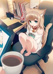 Rule 34 | 1girl, 40hara, :o, animal ear fluff, animal ears, aqua eyes, barefoot, blonde hair, blouse, book, cat ears, cat girl, cat tail, chair, clothes writing, collar, commentary request, cup, highres, holding, holding cup, indoors, keyboard (computer), kinako (40hara), long hair, looking at viewer, mouse (computer), office chair, open mouth, original, pov, pov hands, print shirt, shirt, sitting, solo focus, swivel chair, t-shirt, tail, white shirt, wooden floor