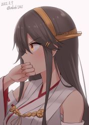 Rule 34 | 1girl, akahi242, black hair, brown eyes, dated, detached sleeves, hair ornament, hairclip, haruna (kancolle), highres, kantai collection, long hair, looking to the side, one-hour drawing challenge, ribbon-trimmed sleeves, ribbon trim, simple background, solo, twitter username, upper body, white background, wiping mouth