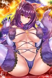 Rule 34 | absurdres, animal ears, ass, breasts, cameltoe, claw pose, claws, cleavage, commentary request, cosplay, elbow gloves, embarrassed, fate/grand order, fate (series), fur-trimmed gloves, fur-trimmed legwear, fur collar, fur trim, gloves, halloween, halloween costume, highres, lace, lace-trimmed legwear, lace trim, large breasts, long hair, mash kyrielight, mash kyrielight (dangerous beast), mash kyrielight (dangerous beast) (cosplay), navel, nez-box, o-ring, o-ring top, official alternate costume, partially visible vulva, purple gloves, purple hair, purple thighhighs, red eyes, revealing clothes, scathach (fate), signature, sparkle, spread legs, tail, thighhighs, thighs, wavy mouth, wolf ears, wolf tail