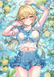 Rule 34 | 1girl, absurdres, ahoge, arm up, blonde hair, blue skirt, breasts, commentary request, crop top, flower, food, fruit, gomashio ponz, hair flower, hair ornament, hand up, highres, large breasts, lemon, long hair, looking at viewer, medium breasts, midriff, miniskirt, navel, neckerchief, original, parted lips, pleated skirt, sailor collar, school uniform, see-through, serafuku, shirt, short sleeves, skirt, solo, stomach, thighs, water, wet, wet clothes, wet shirt, white flower, white shirt, yellow eyes