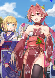 Rule 34 | 1other, 2boys, 3boys, absurdres, artoria caster (fate), artoria pendragon (fate), astolfo (fate), bare shoulders, black thighhighs, blonde hair, blue eyes, blue kimono, blue sky, blush, chevalier d&#039;eon (fate), collarbone, day, detached sleeves, fate/apocrypha, fate/grand order, fate (series), floral print, flower, hair flower, hair intakes, hair ornament, highres, japanese clothes, jtleeklm, kimono, long hair, long sleeves, low twintails, multicolored hair, multiple boys, obi, open mouth, pelvic curtain, pink hair, pink kimono, prince of lan ling (fate), purple eyes, sash, seigaiha, senji muramasa (fate), sky, smile, streaked hair, thighhighs, thighs, trap, twintails, white hair