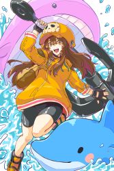 Rule 34 | 1girl, anchor, ankle boots, backpack, bag, bike shorts, black gloves, boots, breasts, brown eyes, brown hair, dolphin, fingerless gloves, gloves, guilty gear, guilty gear strive, hair between eyes, hat, highres, hood, hoodie, huge weapon, may (guilty gear), open mouth, orange headwear, orange hoodie, pirate hat, small breasts, smile, solo focus, tomoe no kaminari, water, weapon, whale