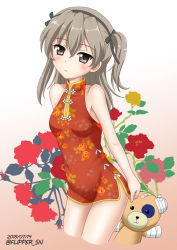 Rule 34 | 10s, 1girl, bandages, bandaid, black ribbon, boko (girls und panzer), brown eyes, china dress, chinese clothes, commentary request, dated, dress, flipper, floral background, floral print, girls und panzer, hair ribbon, head tilt, leaning forward, light brown hair, long hair, looking at viewer, microdress, parted lips, pink background, print dress, red eyes, ribbon, shimada arisu, side ponytail, sleeveless, sleeveless dress, solo, standing, stuffed animal, stuffed toy, teddy bear, twitter username