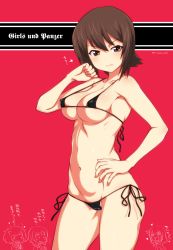 Rule 34 | &gt;:(, 10s, 4girls, armpits, bikini, black bikini, black ribbon, blush, breasts, brown eyes, brown hair, cleavage, closed mouth, copyright name, covered erect nipples, cowboy shot, frown, girls und panzer, groin, hand on own hip, heart, highres, itsumi erika, large breasts, looking at viewer, mudou eichi, multiple girls, navel, nishizumi maho, nishizumi miho, partially visible vulva, pink background, ribbon, serious, short hair, side-tie bikini bottom, simple background, solo focus, standing, stomach, strap gap, swimsuit, v-shaped eyebrows