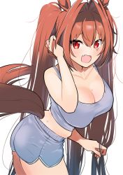 Rule 34 | 1girl, :o, alternate costume, animal ears, ass, blush, breasts, brown hair, casual, cleavage, crying, daiwa scarlet (umamusume), fang, grey shorts, grey tank top, hair intakes, highres, horse ears, horse tail, large breasts, long hair, omucchan (omutyuan), red eyes, shorts, simple background, solo, tail, tank top, twintails, umamusume, very long hair, white background