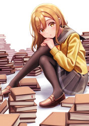 Rule 34 | 1girl, blush, book, bookmark, brown eyes, brown footwear, brown hair, deadnooodles, grey sailor collar, grey skirt, highres, knees to chest, kunikida hanamaru, loafers, looking at viewer, love live!, love live! sunshine!!, pantyhose, pleated skirt, sailor collar, school uniform, shoes, skirt, solo, sweater, uranohoshi school uniform, white background, yellow sweater