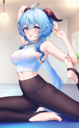 Rule 34 | 1girl, ahoge, alternate costume, arm up, armpits, bare shoulders, black pants, blue eyes, blurry, blurry background, blush, breasts, commentary request, crop top, exercising, feet, flexible, ganyu (genshin impact), genshin impact, goat horns, gradient eyes, hand up, hanging light, high-waist pants, highres, horns, indoors, leg up, long hair, looking at viewer, medium breasts, midriff, mikazuki mika, multicolored eyes, no shoes, open mouth, pants, pigeon pose, ponytail, shiny clothes, shirt, sidelocks, sitting, sleeveless, sleeveless shirt, soles, solo, split, stirrup legwear, stretching, sweat, thighs, toeless legwear, toes, very long hair, white shirt, yoga, yoga pants