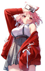 Rule 34 | 1girl, arm up, bare shoulders, blush, braid, breasts, cellphone, commentary request, from below, grey skirt, hair ribbon, high-waist skirt, highres, holding, holding phone, jacket, long sleeves, looking at viewer, looking down, medium breasts, open clothes, open jacket, original, parted lips, phone, pink hair, plaid, plaid skirt, pleated skirt, red eyes, red jacket, ribbon, rosuuri, shirt, simple background, skirt, sleeveless, sleeveless shirt, solo, suspender skirt, suspenders, white background, white ribbon, white shirt