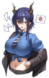 Rule 34 | 1girl, anger vein, arknights, black jacket, blue hair, blue shirt, breasts, ch&#039;en (after storm) (arknights), ch&#039;en (arknights), collared shirt, commentary request, crop top, diagonal-striped clothes, diagonal-striped necktie, dragon girl, dragon horns, hair between eyes, highres, horn/wood, horns, huge breasts, jacket, looking at viewer, midriff, multicolored necktie, navel, necktie, official alternate costume, open mouth, red eyes, shirt, simple background, single off shoulder, sketch, solo, spoken anger vein, striped clothes, tied shirt, upper body, white background