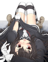 Rule 34 | 10s, 1girl, arm up, black hair, black thighhighs, blush, drifters, easy (drifters), gloves, highres, long hair, lying, on back, open mouth, red eyes, sakuraebi chima, solo, thighhighs, upside-down