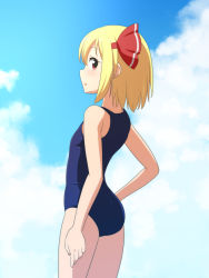 Rule 34 | 1girl, ass, bare arms, barefoot, blonde hair, blue sky, cato (monocatienus), cloud, commentary, cowboy shot, day, flat ass, flat chest, from side, hair ribbon, highres, looking at viewer, one-piece swimsuit, open mouth, outdoors, red eyes, red ribbon, ribbon, rumia, short hair, sky, solo, swimsuit, touhou, white one-piece swimsuit