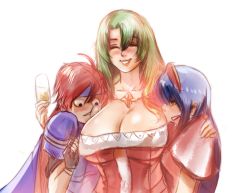 Rule 34 | 1boy, 2girls, alcohol, angry, arm around shoulder, bloom, blue hair, breast envy, breast press, breasts, cape, cecilia (fire emblem), champagne, champagne flute, cleavage, cup, drinking glass, closed eyes, fire emblem, fire emblem: the binding blade, fire emblem heroes, green hair, headband, large breasts, lilina (fire emblem), long hair, looking at breasts, mrkg (arsfatuus), multiple girls, nintendo, red hair, roy (fire emblem), sketch, smile, white background, wide-eyed