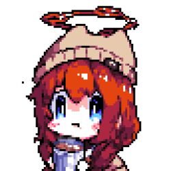 Rule 34 | 1girl, animal ear headwear, animal ears, animated, animated gif, beanie, blue archive, blue eyes, blush, brown hat, chibi, closed eyes, closed mouth, downvote (downvote me), drinking, fake animal ears, halo, hat, maki (blue archive), maki (camp) (blue archive), red hair, red halo, simple background, solo, upper body, white background