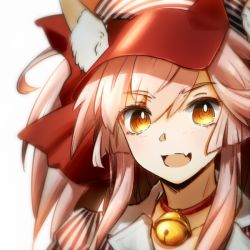 Rule 34 | 1girl, animal ear fluff, animal ears, bell, collar, collarbone, fang, fate/grand order, fate (series), fox ears, hair ornament, headpiece, jingle bell, looking at viewer, lostroom outfit (fate), lytlennier, neck bell, open mouth, pink hair, red ribbon, ribbon, simple background, skin fang, solo, tamamo (fate), tamamo cat (fate), white background, yellow eyes