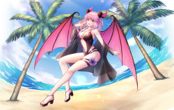 Rule 34 | 1girl, akashic chronicle, alice (akashic chronicle), beach, breasts, cleavage, demon girl, flower, highres, horns, large breasts, looking at viewer, nail polish, navel, palm tree, red eyes, sebu illust, smile, solo, swimsuit, thighs, tree, wings