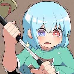 Rule 34 | 1girl, blue capelet, blue eyes, blue hair, blush, breasts, brown background, capelet, commentary request, concealed weapon, cookie (touhou), crying, d:, heterochromia, holding, holding umbrella, large breasts, looking at viewer, madore, mioto (cookie), open mouth, red eyes, sandals, short hair, solo, streaming tears, tatara kogasa, tears, touhou, trembling, umbrella, upper body, weapon