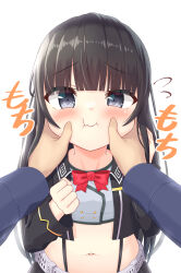 Rule 34 | 1boy, 1girl, azur lane, black hair, black jacket, black skirt, blue eyes, blush, bow, bowtie, buttons, cheek pinching, clenched hand, commentary request, crop top, cropped jacket, double-breasted, from above, grey shirt, half-closed eye, hands on another&#039;s cheeks, hands on another&#039;s face, hands up, highres, holding hands, jacket, long hair, long sleeves, looking at viewer, looking up, midriff, navel, oozeki (v-necker), open clothes, open jacket, pinching, pov, pov hands, red bow, red bowtie, shirt, skirt, smile, solo focus, squishing, suspender skirt, suspenders, very long hair, z19 hermann kunne (azur lane)