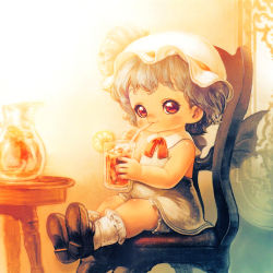 Rule 34 | 1girl, :3, adapted costume, aged down, bat wings, bloomers, chair, child, cup, dress, drinking, drinking glass, drinking straw, hat, hat ribbon, iced tea, jug (bottle), looking at viewer, mob cap, red eyes, remilia scarlet, ribbon, silver hair, sitting, sleeveless, sleeveless dress, solo, souri, touhou, underwear, white dress, wings